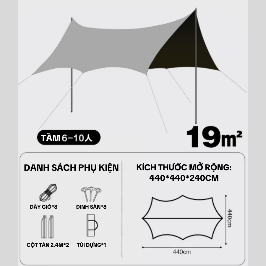 Tấm Tăng Bạt Dã Ngoại Chống Mưa, Tia UV, Chị Lực Gió Tốt Gấp Gọn Tiện Lợi