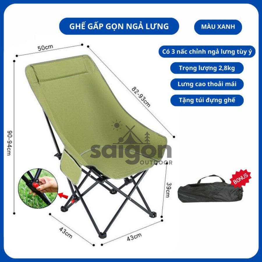 Ghế gấp gọn có dựa lưng cao điều chỉnh