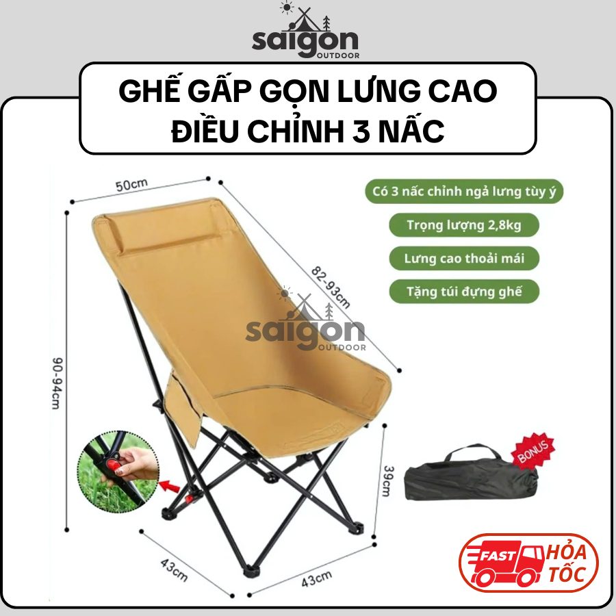 Ghế gấp gọn có dựa lưng cao điều chỉnh