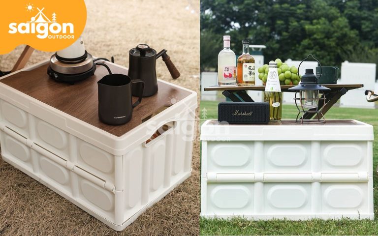 Thùng đựng đồ cắm trại xếp gọn kết hợp mặt bàn gỗ 30/55L