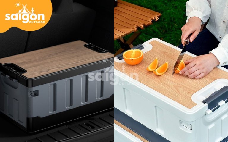 Thùng đựng đồ dã ngoại xếp gọn cao cấp mặt bàn gỗ có khoá 35/60L