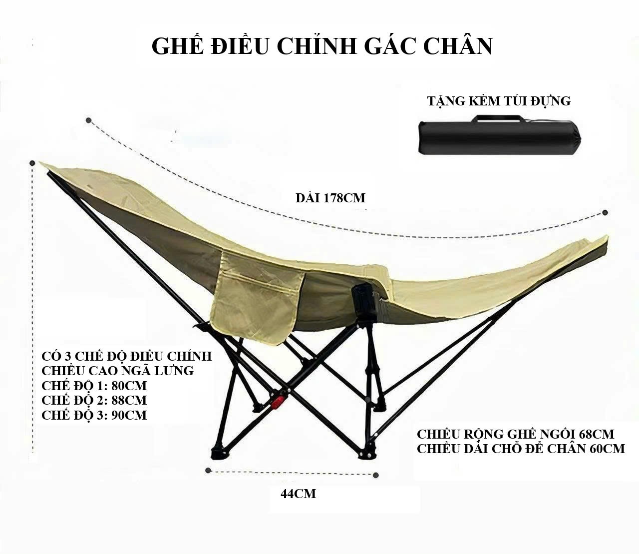 Ghế Gấp Gọn Camping 3 Nấc Tựa Lưng Có Gác Chân, Chịu Tải 150g, Ghế Có Gác Chân Du Lịch Thư Giãn Saigon Outdoor