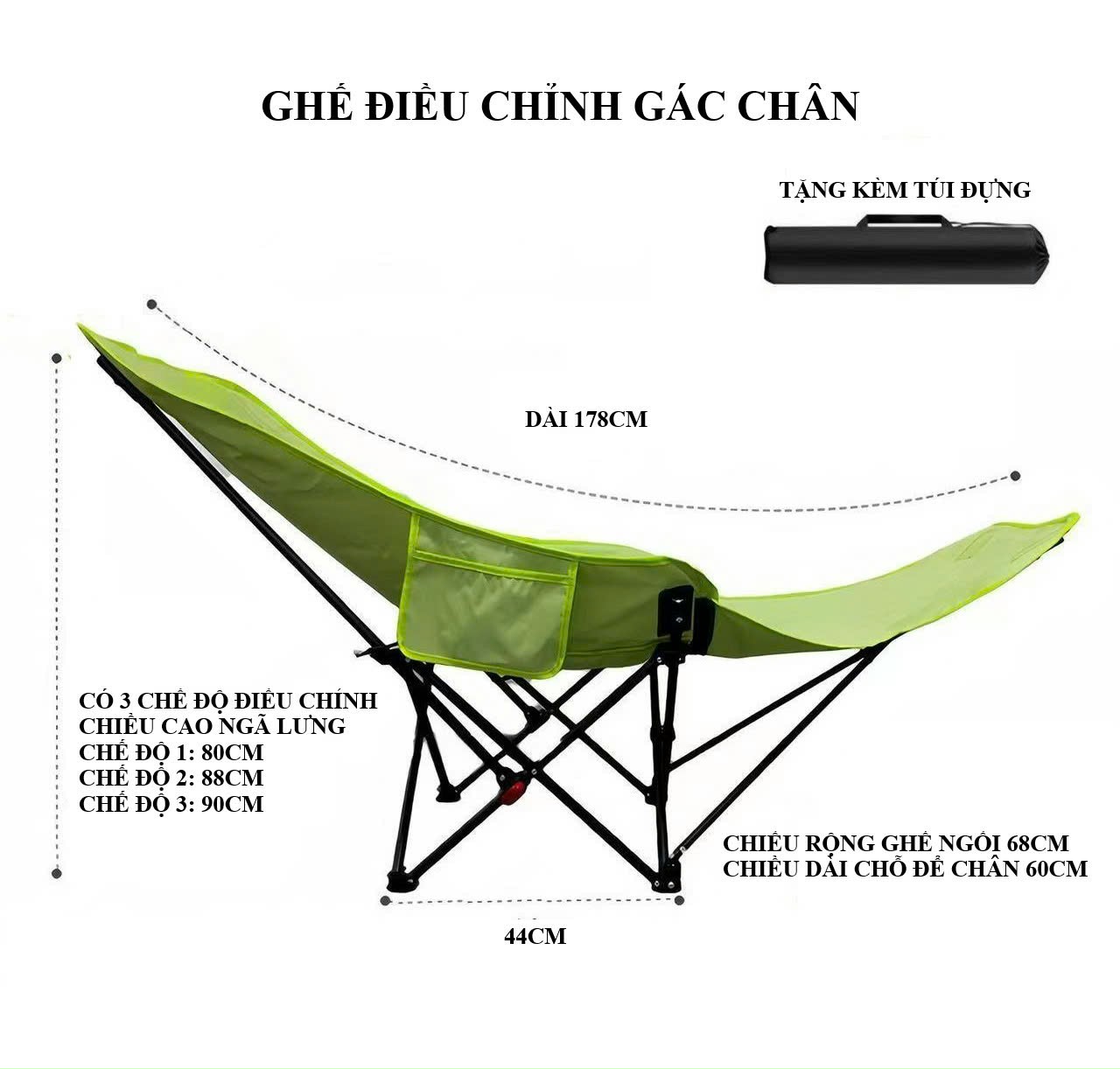 Ghế Gấp Gọn Camping 3 Nấc Tựa Lưng Có Gác Chân, Chịu Tải 150g, Ghế Có Gác Chân Du Lịch Thư Giãn Saigon Outdoor