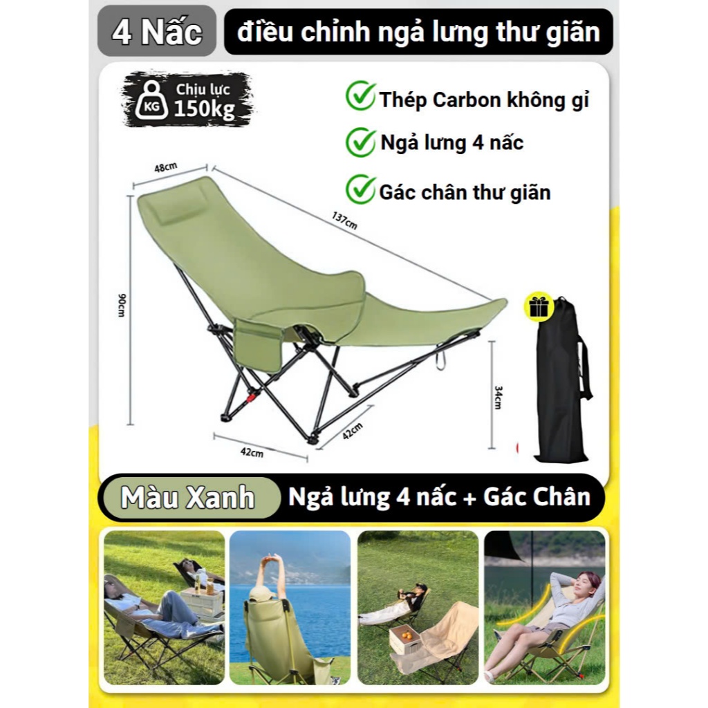 Ghế Gấp Gọn Camping 3 Nấc Tựa Lưng Có Gác Chân, Chịu Tải 150g, Ghế Có Gác Chân Du Lịch Thư Giãn Saigon Outdoor