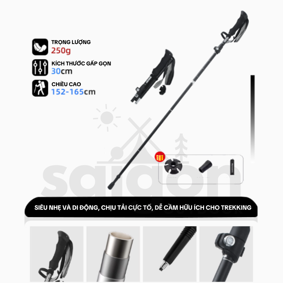 Gậy Leo Núi Trekking, Đi Rừng, Dã ngoại - Gậy đi bộ gấp gọn hợp kim nhôm cao cấp Saigon Outdoor