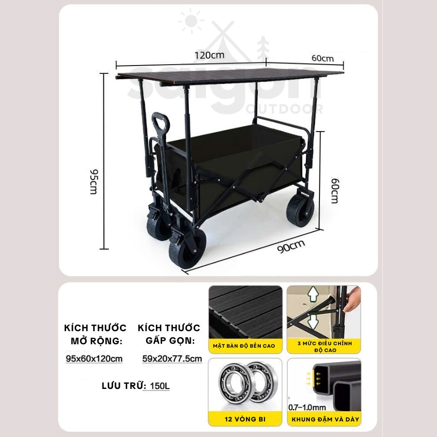 Xe kéo dã ngoại Size lớn kèm mặt bàn nâng cao