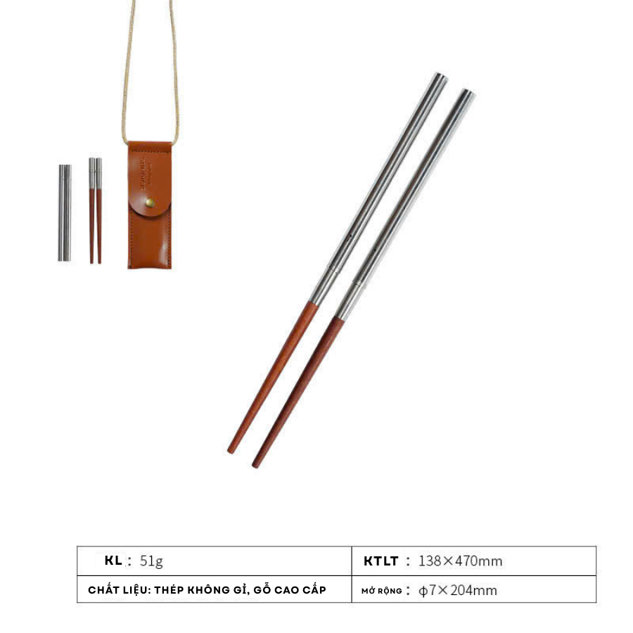 Đũa Gỗ Gấp Gọn Cắm Trại Kèm Bao Da Cao Cấp - Đũa Gỗ Tự Nhiên, Thép Không Gỉ, Gấp Gọn
