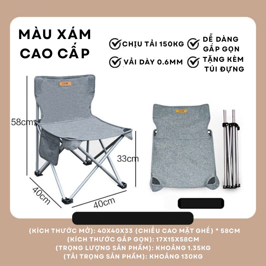 Ghế Gấp Gọn Di Động Bằng Thép Không Gỉ Dành Cho Dã Ngoại Câu Cá Cắm Trại Ngoài Trời Saigon Outdoor - Xám Sắt