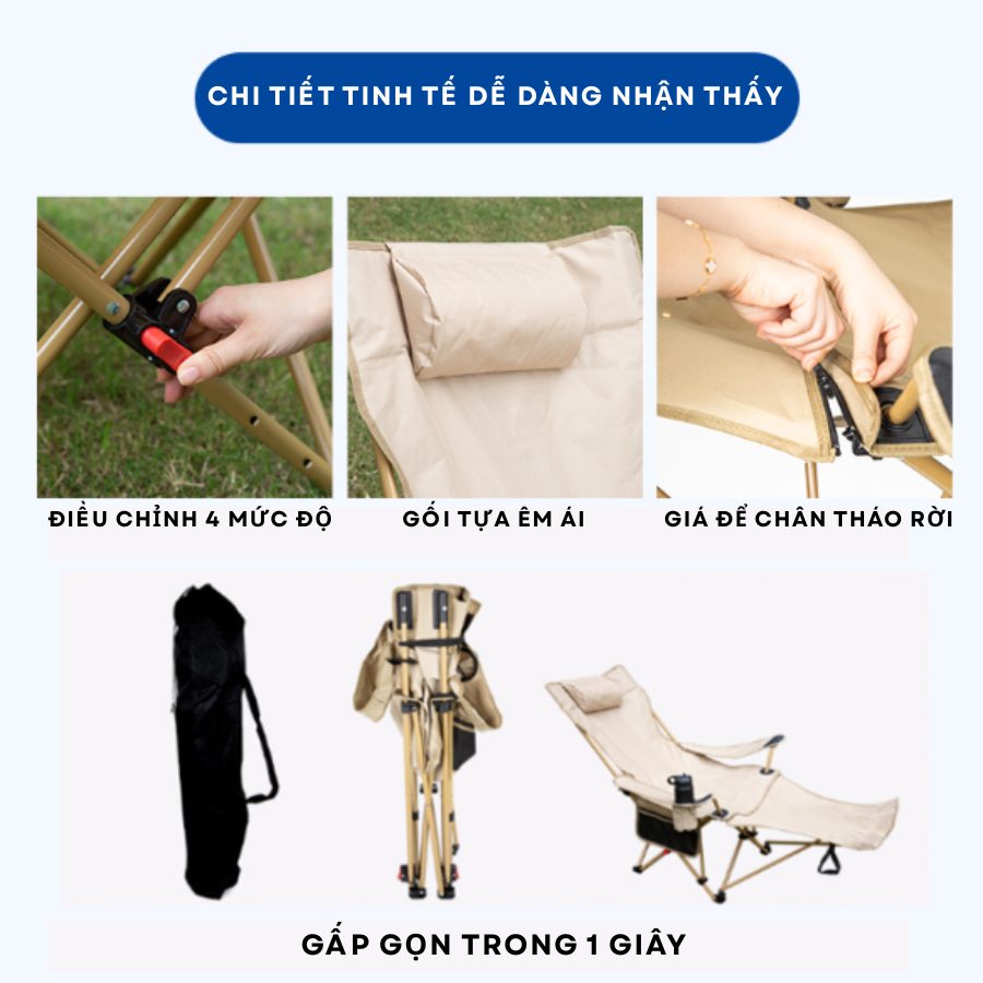 Ghế Xếp Ngoài Trời Gấp Gọn Đa Năng Có Kê Chân – Ghế Nằm Thư Giãn Cắm Trại, Nghỉ Trưa