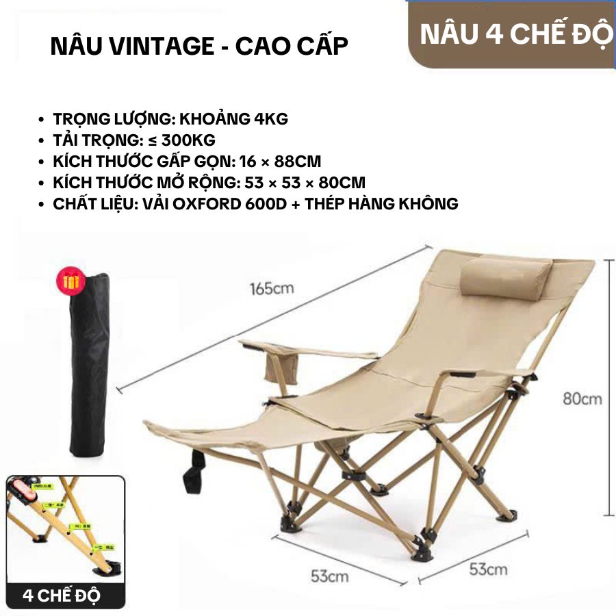 Ghế Xếp Ngoài Trời Gấp Gọn Đa Năng Có Kê Chân – Ghế Nằm Thư Giãn Cắm Trại, Nghỉ Trưa