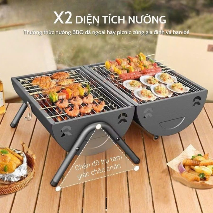 Bếp nướng than ngoài trời gấp gọn, bếp nướng không khói 2 mặt có ống khói, bếp nướng đa năng