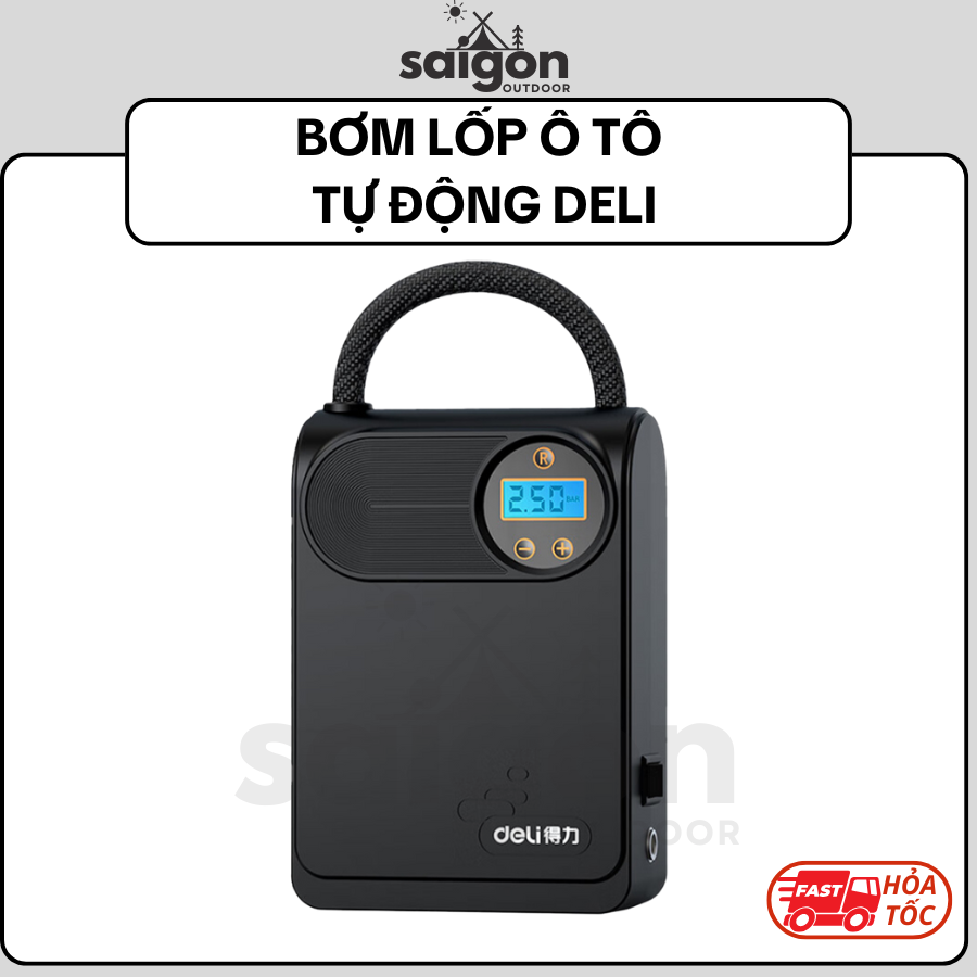 Máy bơm lốp ô tô tự động Deli 80W tốc độ bơm 25L/phút - Bảo hành 12 tháng Bơm xe máy SAIGON OUTDOOR