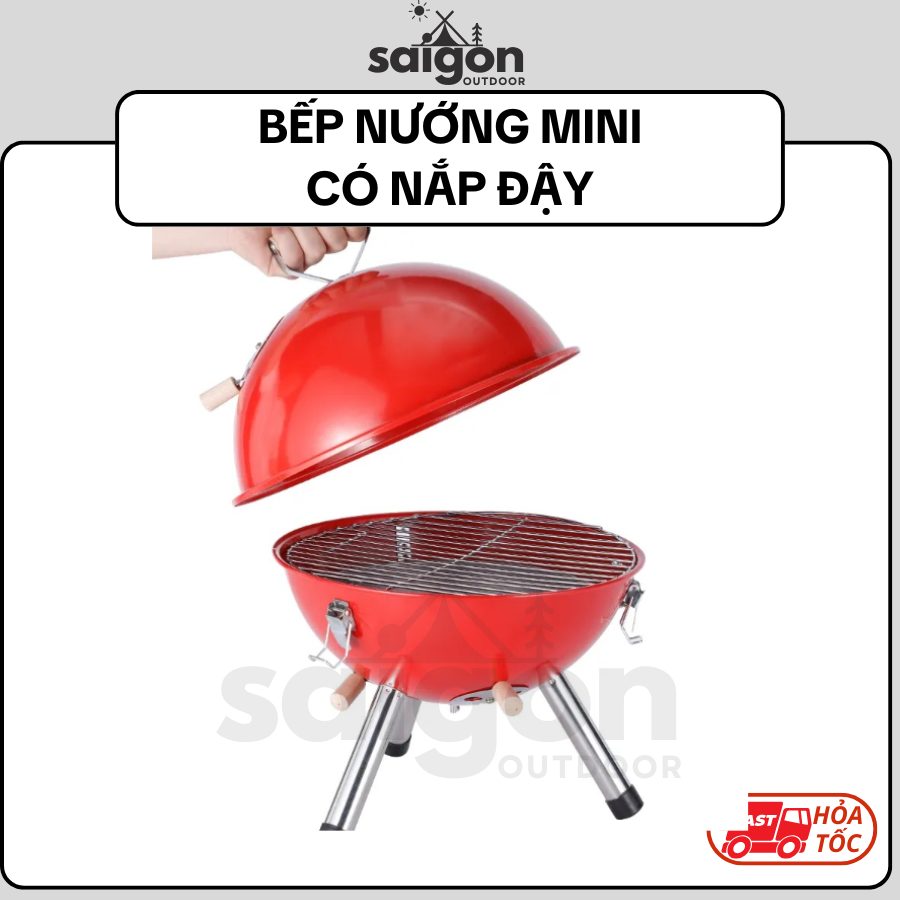 Bếp Nướng Mini Gia Đình Có Nắp Tròn Đậy, Tiện Lợi Mang Đi Dã Ngoại, BBQ Ngoài Trời - Hình Cầu Đỏ