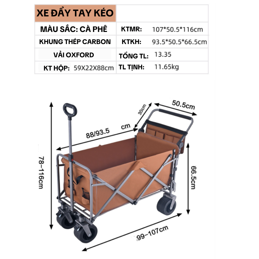 Xe Đẩy Du Lịch Dã Ngoại Gấp Gọn Cỡ Lớn, Xe Đẩy Tay Kéo Cắm Trại Ngoài Trời Tiện Dụng Cho Picnic