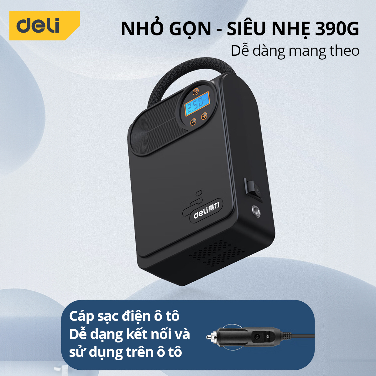 Máy bơm lốp ô tô tự động Deli 80W tốc độ bơm 25L/phút - Bảo hành 12 tháng Bơm xe máy SAIGON OUTDOOR