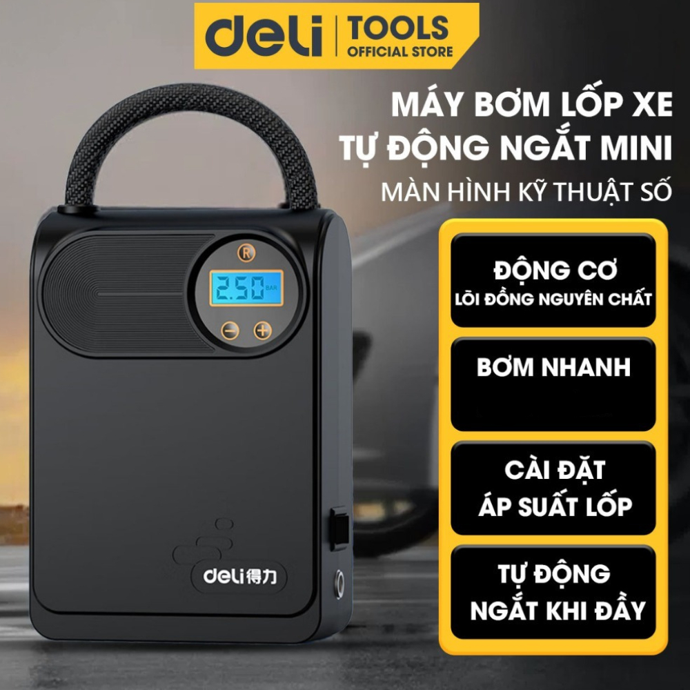 Máy bơm lốp ô tô tự động Deli 80W tốc độ bơm 25L/phút - Bảo hành 12 tháng Bơm xe máy SAIGON OUTDOOR