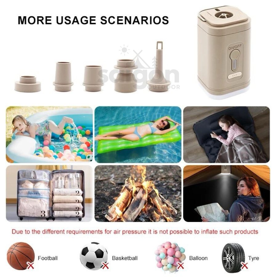 Máy Bơm, Hút Đệm Hơi, Phao Thuyền Camping Dã Ngoại Có Đèn 3 Chế Độ 1200mAh - Màu Đen
