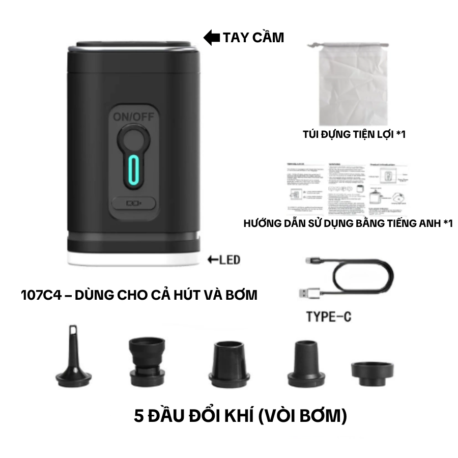 Máy Bơm, Hút Đệm Hơi, Phao Thuyền Camping Dã Ngoại Có Đèn 3 Chế Độ 1200mAh - Màu Đen