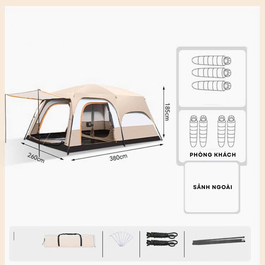Lều Cắm Trại 6 Người Ngoài Trời Qua Đêm, Gấp Gọn, Di Động, Dày Dặn, Chống Mưa, Mái Che Dã Ngoại - BỘ LỀU 3.8 x 2,6m
