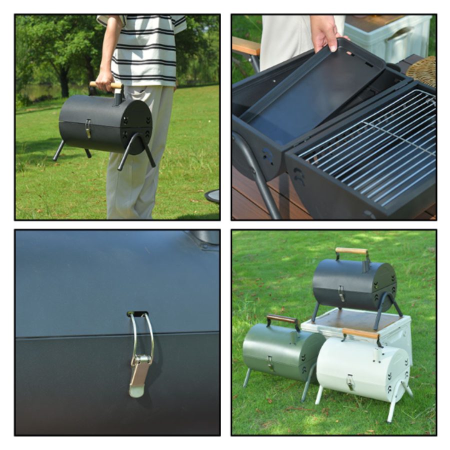 Bếp nướng than ngoài trời gấp gọn, bếp nướng không khói 2 mặt có ống khói, bếp nướng đa năng - Đen (42x29x29) + Chảo rán