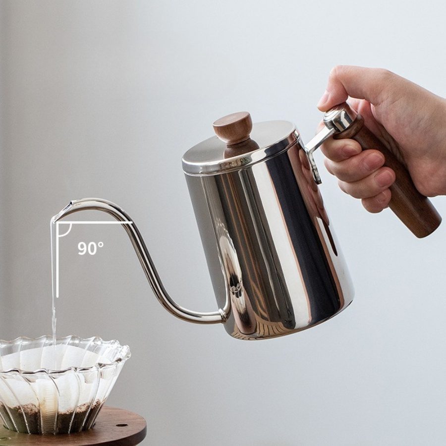 Bình rót cà phê thủ công inox 304 có vạch đo, tay cầm gỗ, phủ Teflon Dùng pha cà phê pour over 580ml