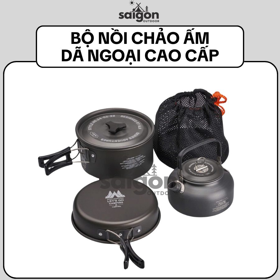 Bộ Nồi Chảo Ấm dã ngoại cao cấp WELLHIKE, Thiết kế gọn nhẹ, tích hợp, tay cầm gấp gọn Saigon Outdoor