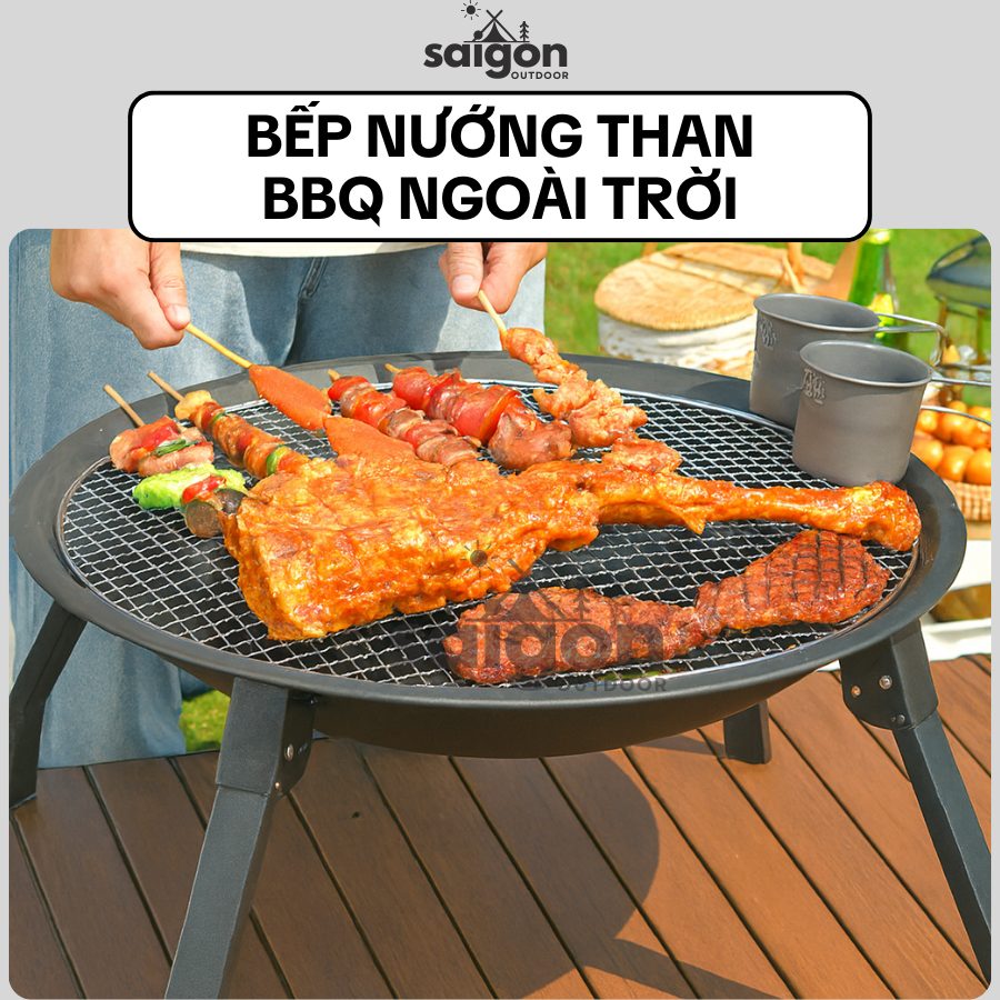 Bếp nướng than ngoài trời – Vỉ nướng BBQ gia đình, sân vườn, dã ngoại, cắm trại - Màu đen SGOD