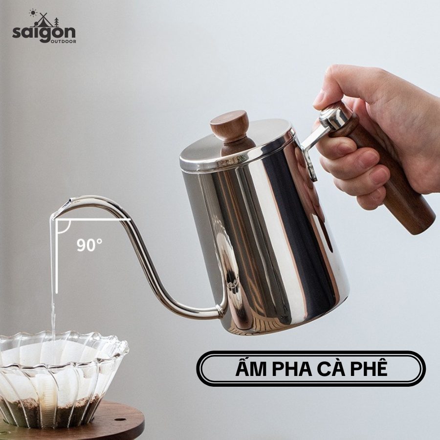 Bình rót cà phê thủ công inox 304 có vạch đo, tay cầm gỗ, phủ Teflon Dùng pha cà phê pour over 580ml