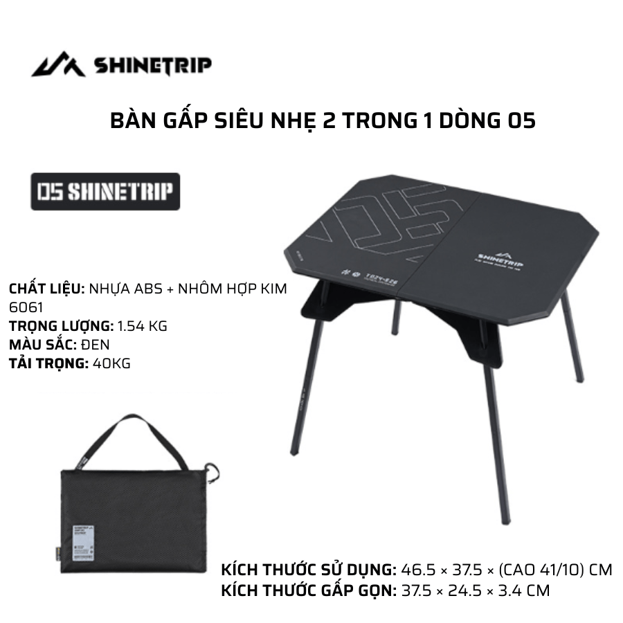 Bàn xếp dã ngoại siêu nhẹ Shinetrip Bàn gấp 2 trong 1 cắm trại, picnic, du lịch, mặt ABS khung nhôm - Đen