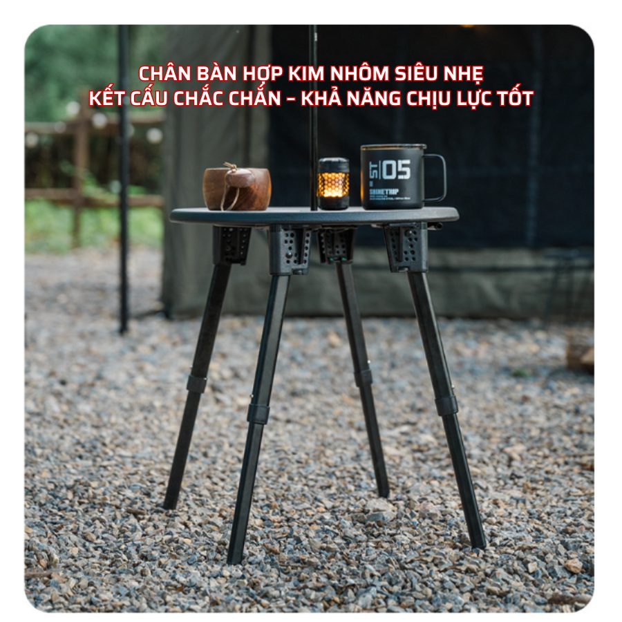 Bàn tròn gấp dã ngoại ShineTrip Bàn đa năng nâng hạ, siêu nhẹ, kèm giá treo đèn, tiện lợi cho cắm trại