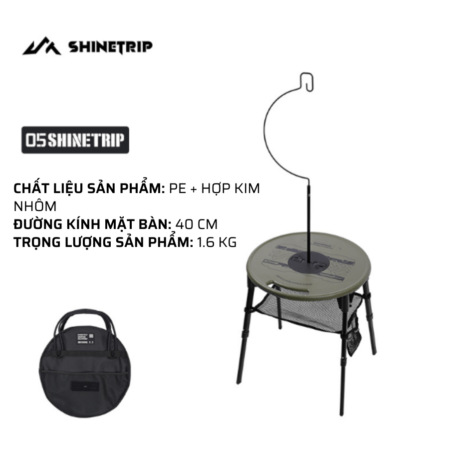 Bàn tròn gấp dã ngoại ShineTrip Bàn đa năng nâng hạ, siêu nhẹ, kèm giá treo đèn, tiện lợi cho cắm trại - Xanh