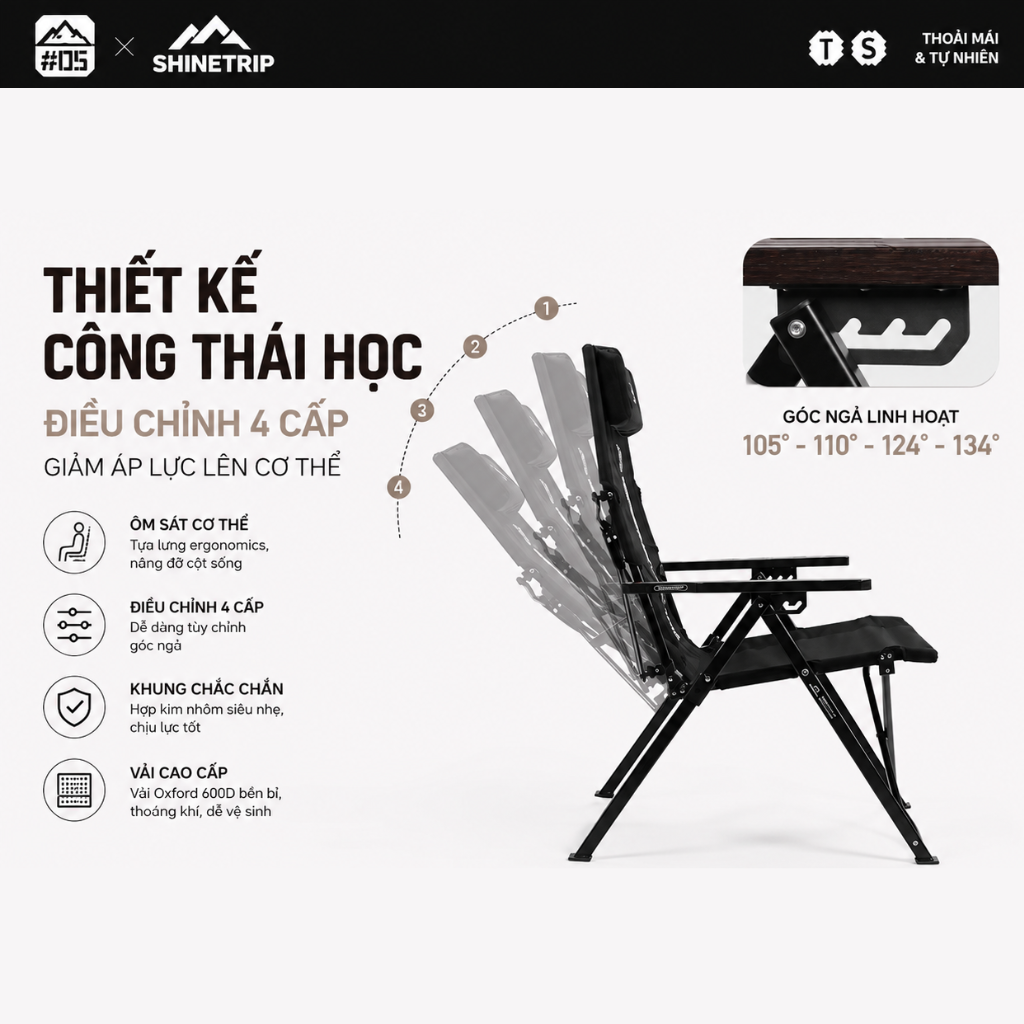Ghế Xếp Dã Ngoại ShineTrip 05 – Ghế Camping Gấp Gọn, 4 Cấp Độ Điều Chỉnh, Đa Điểm Tựa Chắc Chắn