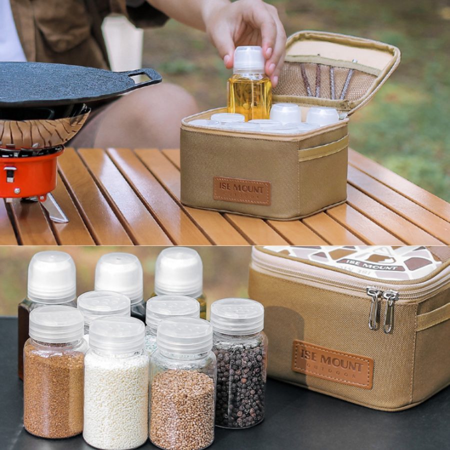 Bộ 9 lọ gia vị kèm túi đựng – Túi đựng gia vị picnic cắm trại du lịch, hộp đựng hũ gia vị tiện lợi
