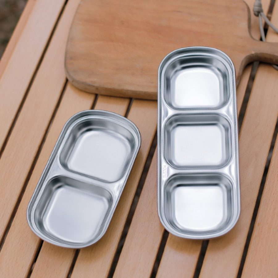 Khay inox 304 phân ngăn – đĩa nước chấm 2 ngăn 3 ngăn, bát đựng gia vị ngoài trời cắm trại BBQ