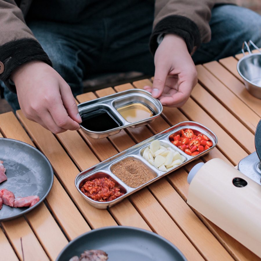 Khay inox 304 phân ngăn – đĩa nước chấm 2 ngăn 3 ngăn, bát đựng gia vị ngoài trời cắm trại BBQ