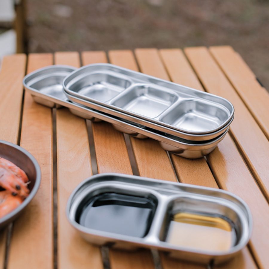 Khay inox 304 phân ngăn – đĩa nước chấm 2 ngăn 3 ngăn, bát đựng gia vị ngoài trời cắm trại BBQ