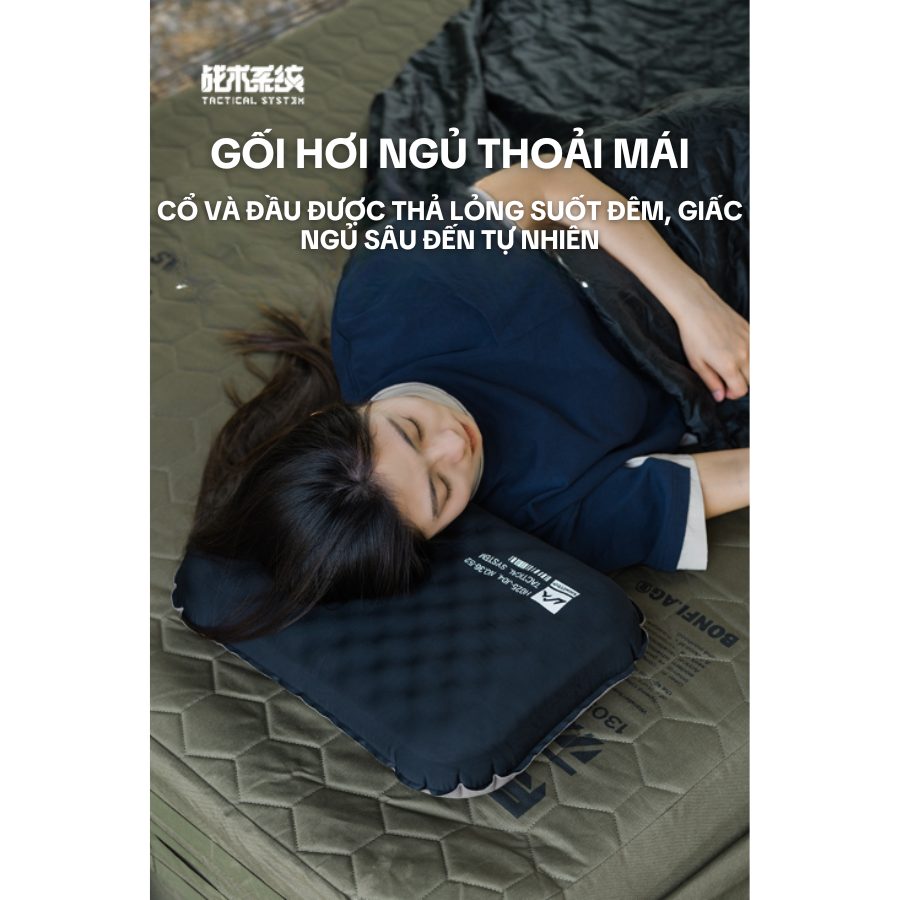 Gối hơi du lịch ngoài trời 2 trong 1 gối bơm hơi bằng mút biển, gối gấp gọn siêu nhẹ, tiện lợi cắm trại, picnic
