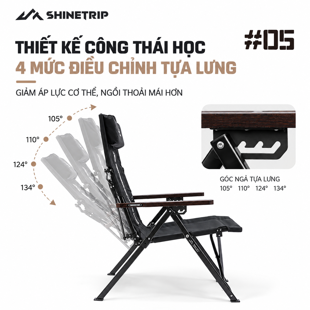 Ghế Xếp Dã Ngoại ShineTrip 05 – Ghế Camping Gấp Gọn, 4 Cấp Độ Điều Chỉnh, Đa Điểm Tựa Chắc Chắn