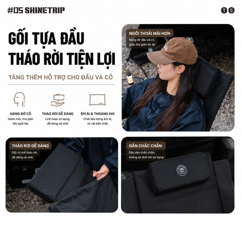 Ghế Xếp Dã Ngoại ShineTrip 05 – Ghế Camping Gấp Gọn, 4 Cấp Độ Điều Chỉnh, Đa Điểm Tựa Chắc Chắn