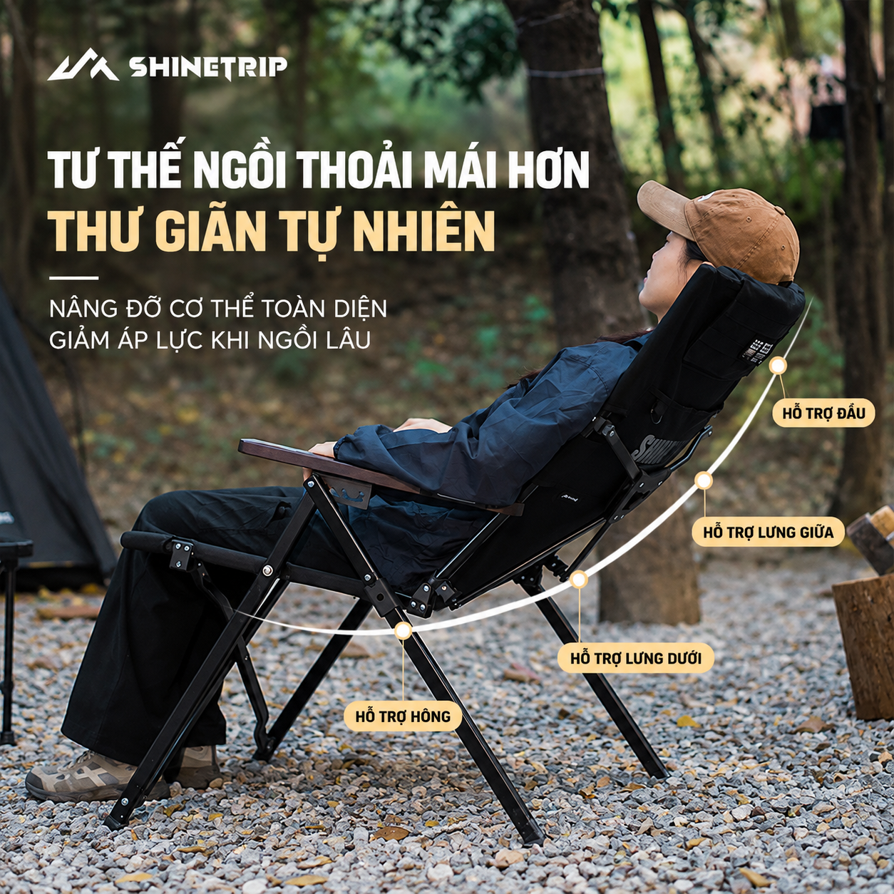 Ghế Xếp Dã Ngoại ShineTrip 05 – Ghế Camping Gấp Gọn, 4 Cấp Độ Điều Chỉnh, Đa Điểm Tựa Chắc Chắn