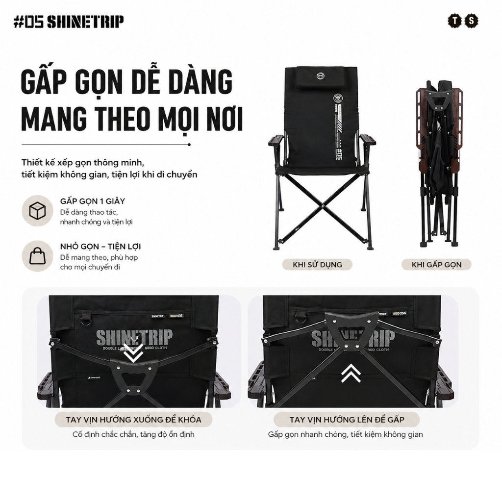 Ghế Xếp Dã Ngoại ShineTrip 05 – Ghế Camping Gấp Gọn, 4 Cấp Độ Điều Chỉnh, Đa Điểm Tựa Chắc Chắn