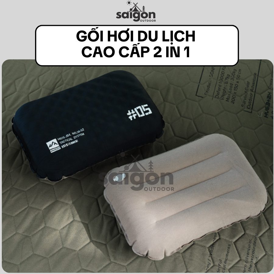 Gối hơi du lịch ngoài trời 2 trong 1 gối bơm hơi bằng mút biển, gối gấp gọn siêu nhẹ, tiện lợi cắm trại, picnic