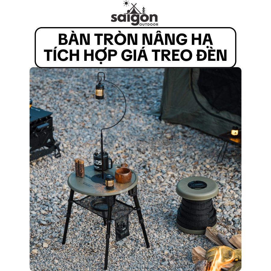 Bàn tròn gấp dã ngoại ShineTrip Bàn đa năng nâng hạ, siêu nhẹ, kèm giá treo đèn, tiện lợi cho cắm trại