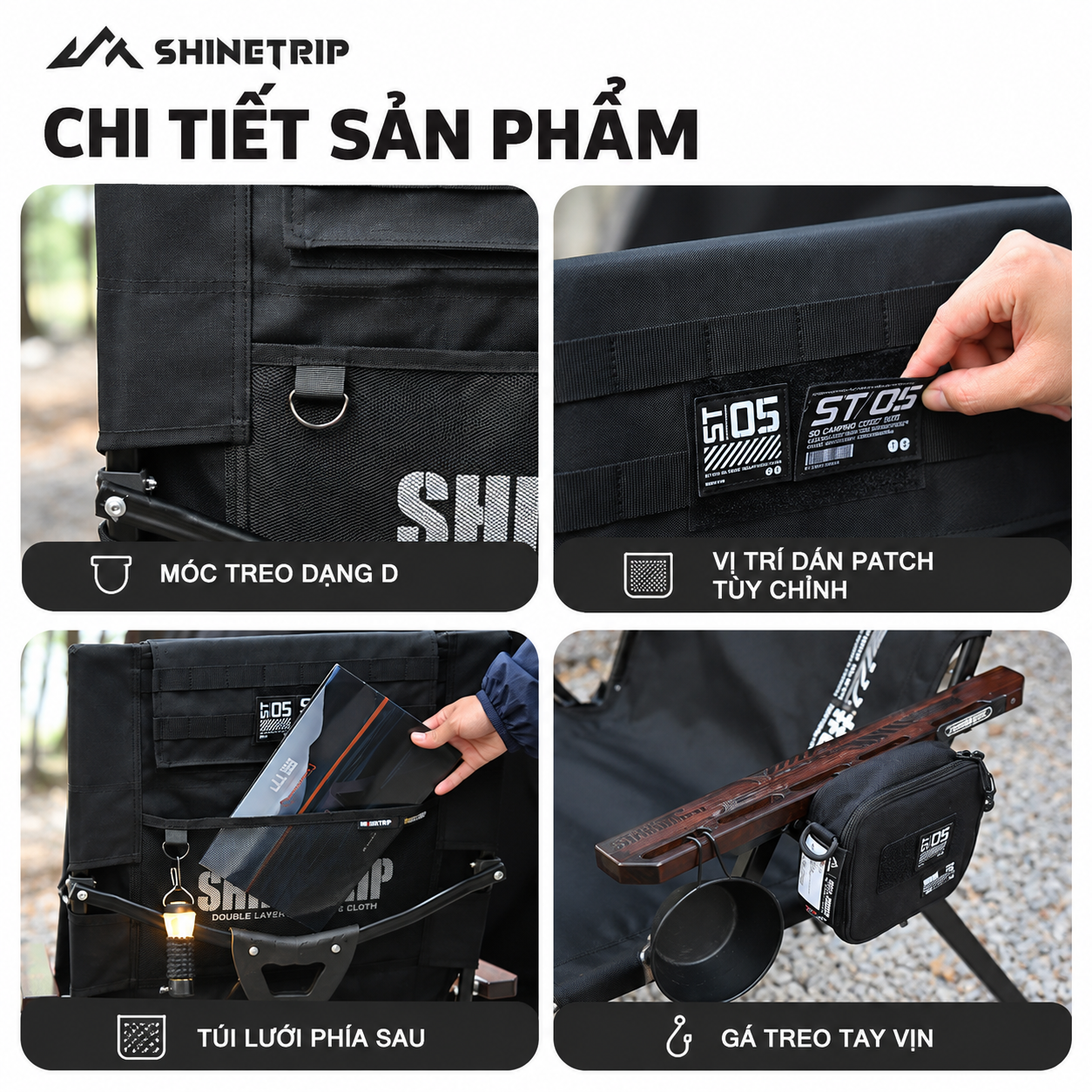 Ghế Xếp Dã Ngoại ShineTrip 05 – Ghế Camping Gấp Gọn, 4 Cấp Độ Điều Chỉnh, Đa Điểm Tựa Chắc Chắn