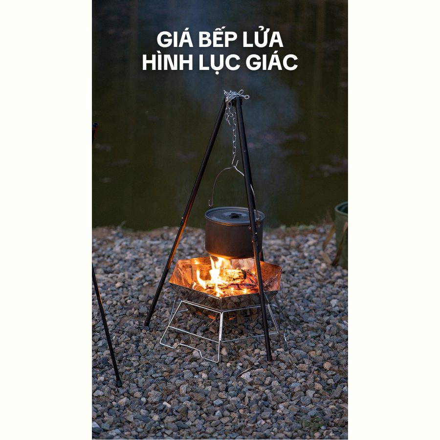Bếp nướng than hoa ngoài trời gấp gọn hình lục giác Lò nướng dã ngoại, cắm trại, picnic bằng hợp kim nhôm, thông gió