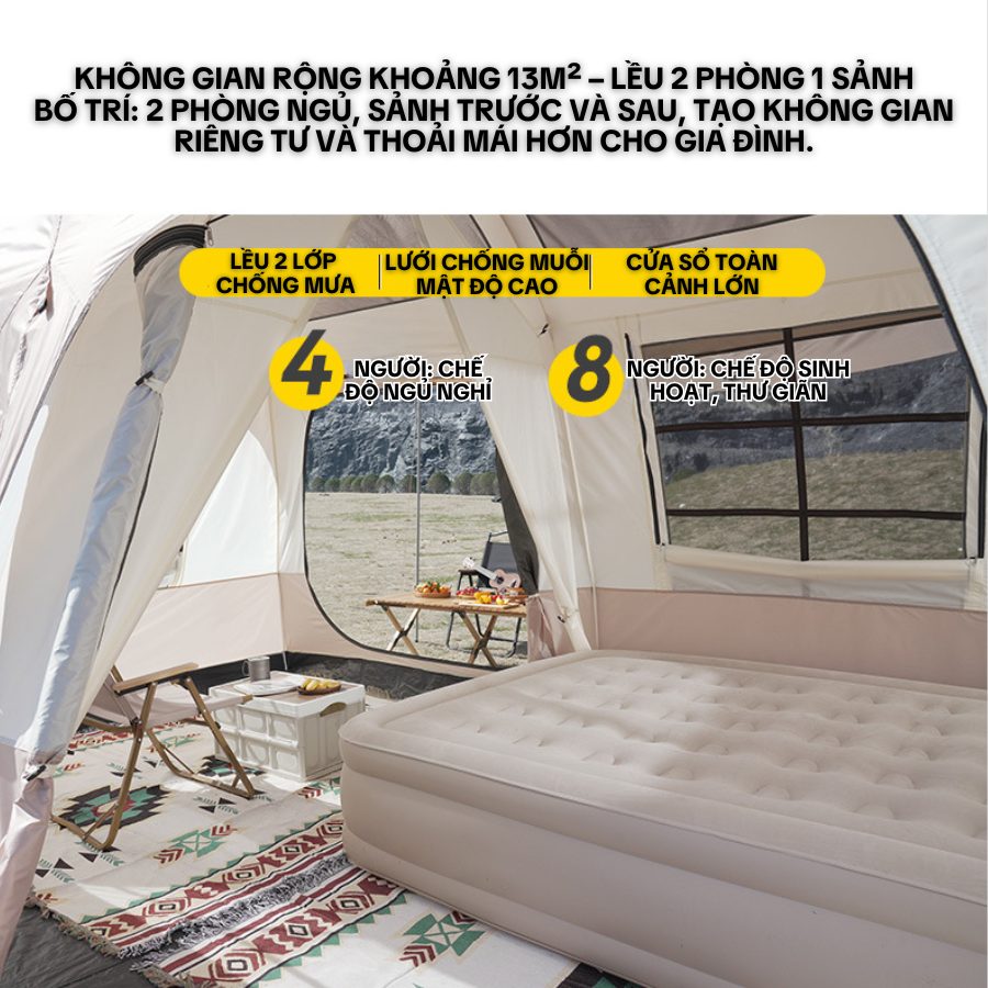 Lều Cắm Trại Tự Động 2 Phòng 1 Sảnh Lều Dã Ngoại Ngoài Trời Chống Mưa, Vải Dày, Thoáng Rộng, Tiện Mang Theo