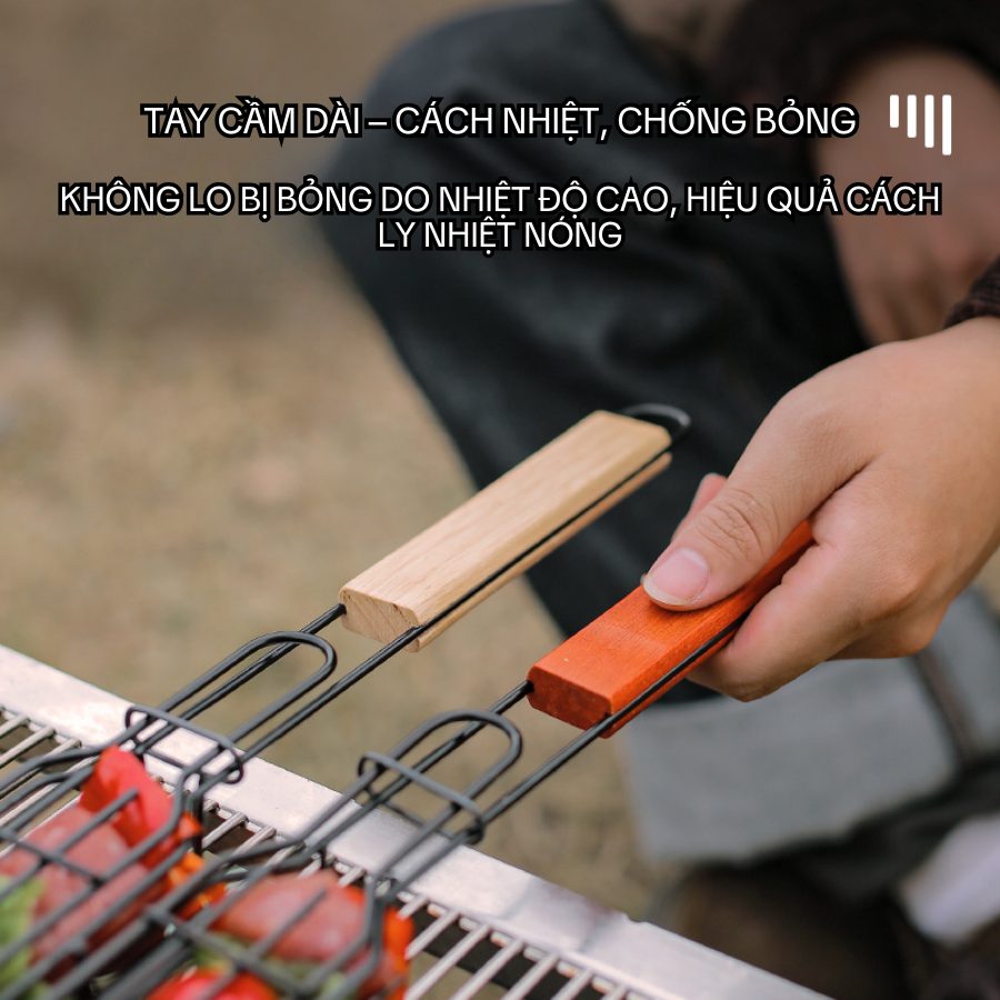 Vỉ nướng xúc xích, hotdog, giỏ nướng BBQ cán gỗ – Dụng cụ nướng dã ngoại tiện lợi - Saigon Outdoor