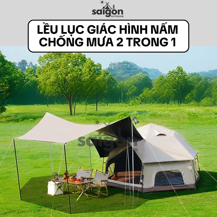 Lều Cắm Trại Ngoài Trời 2 Trong 1Lều Mái Che Kiểu Lục Giác Hình Nấm, Lều Hai Lớp Chống Mưa - SGOD