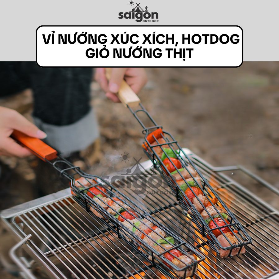 Vỉ nướng xúc xích, hotdog, giỏ nướng BBQ cán gỗ – Dụng cụ nướng dã ngoại tiện lợi - Saigon Outdoor