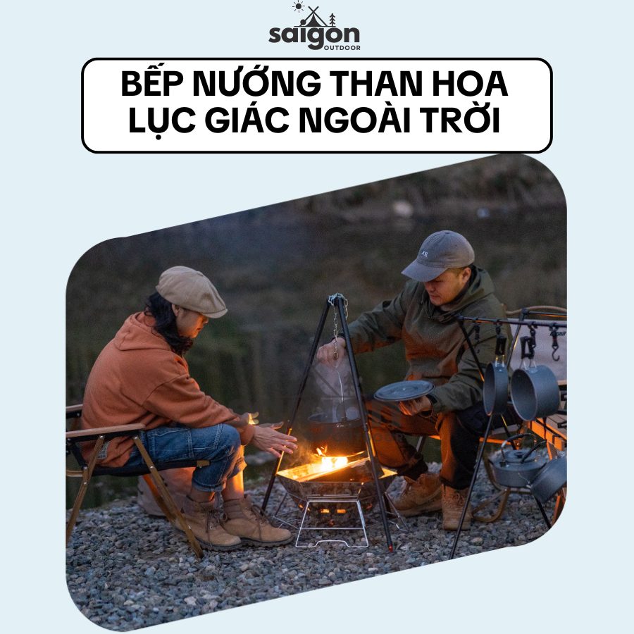 Bếp nướng than hoa ngoài trời gấp gọn hình lục giác Lò nướng dã ngoại, cắm trại, picnic bằng hợp kim nhôm, thông gió